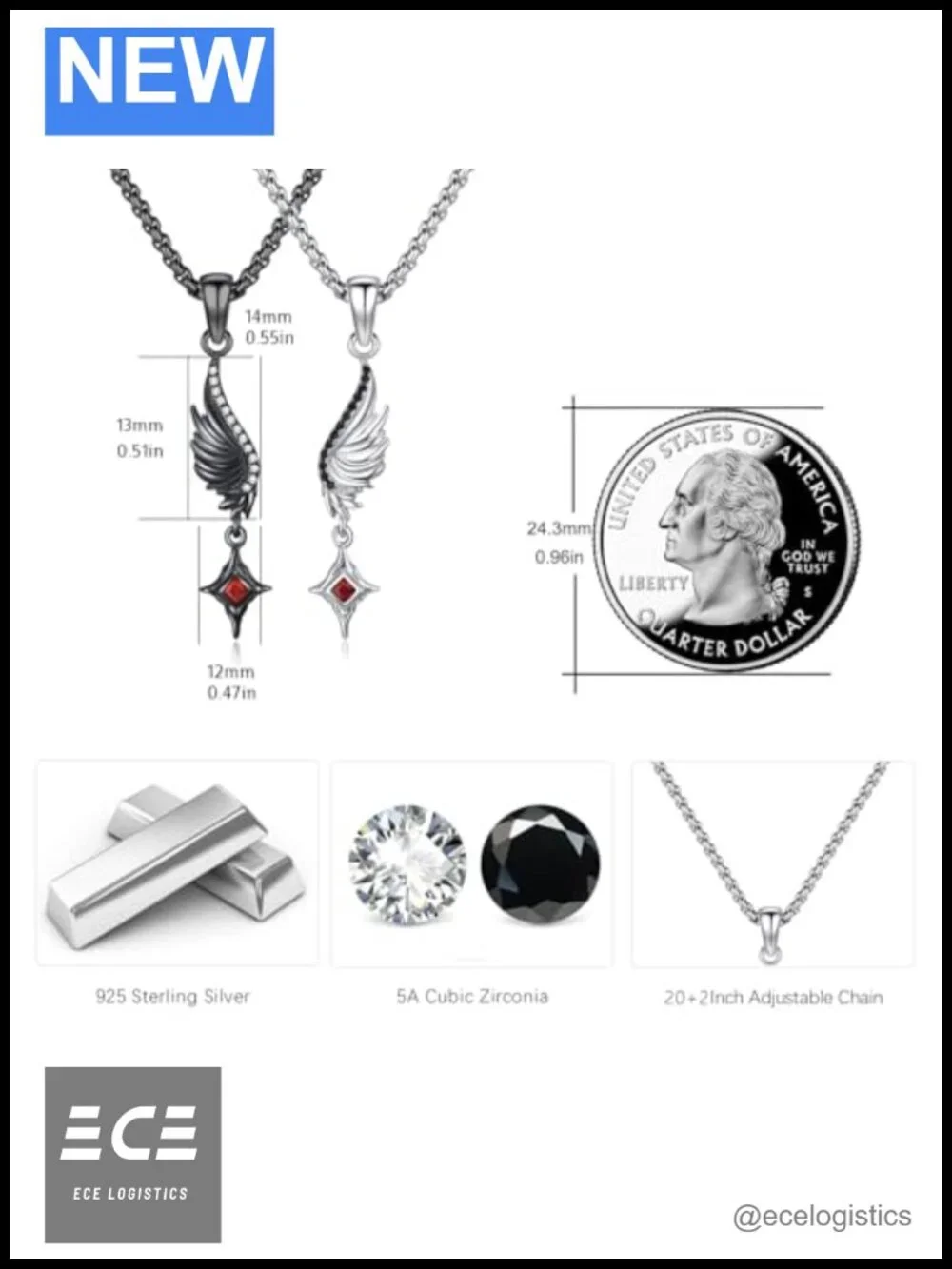 925 Sterling Silver Angel Wing Pendant Necklace Set with Zircon for Couples